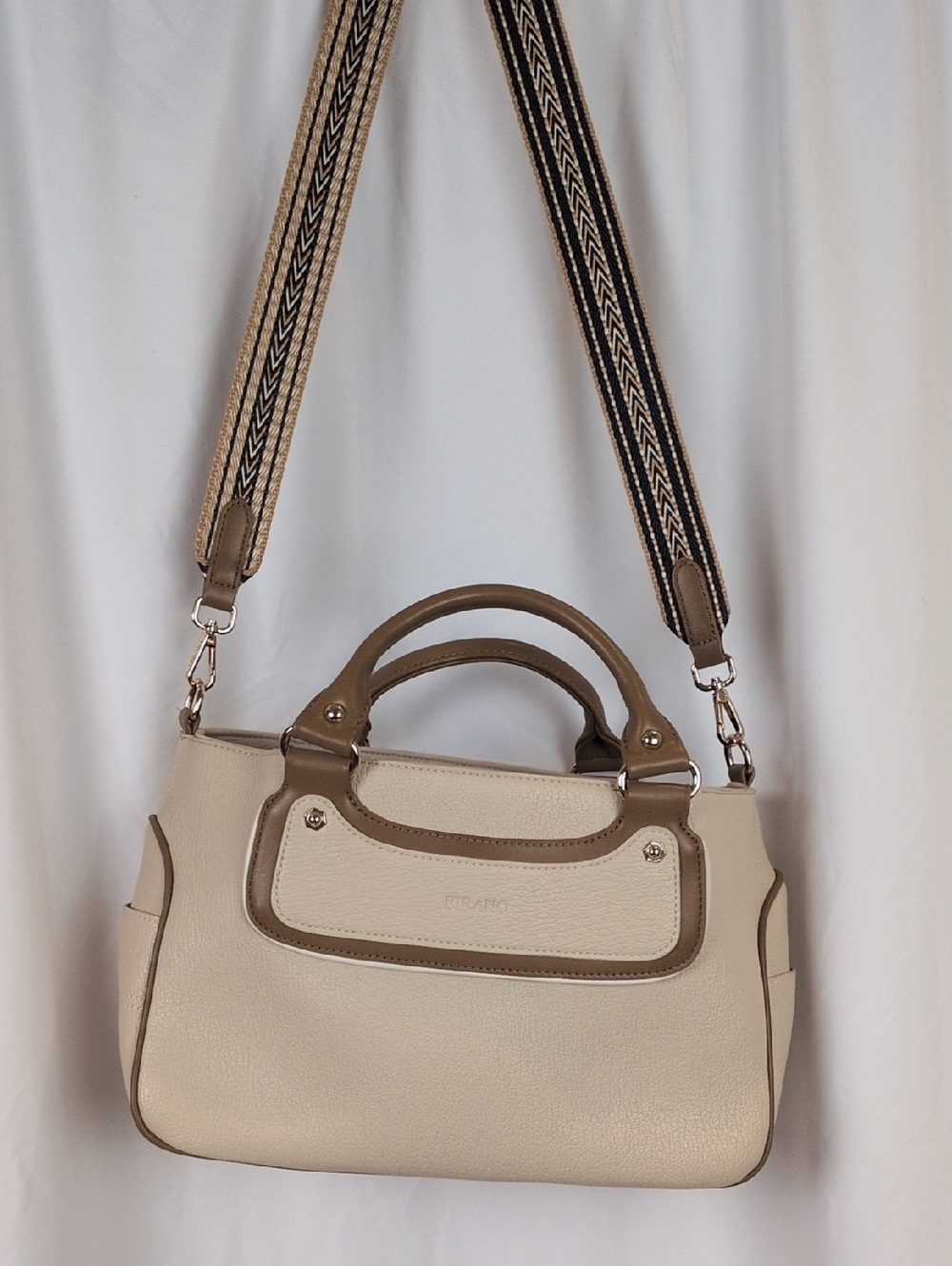 FIRANO Structured Cream Satchel Bag with Tan Trim & Removable Strap - EUC